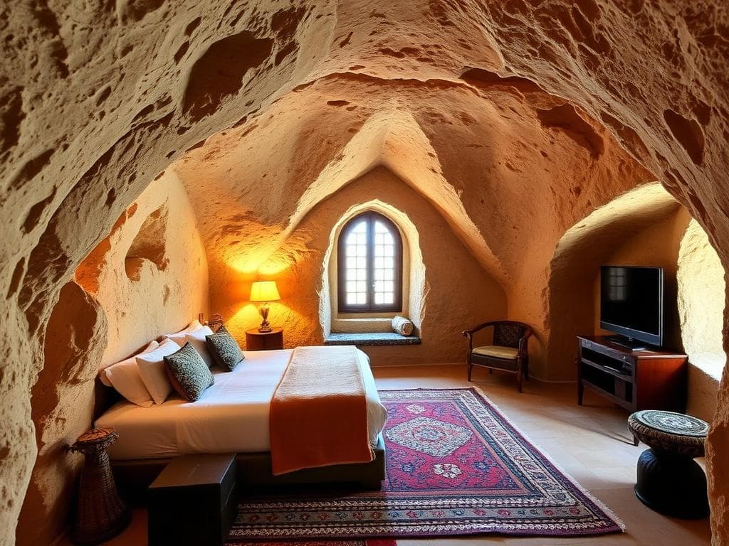 Cave hotel suite with carved stone walls in Cappadocia