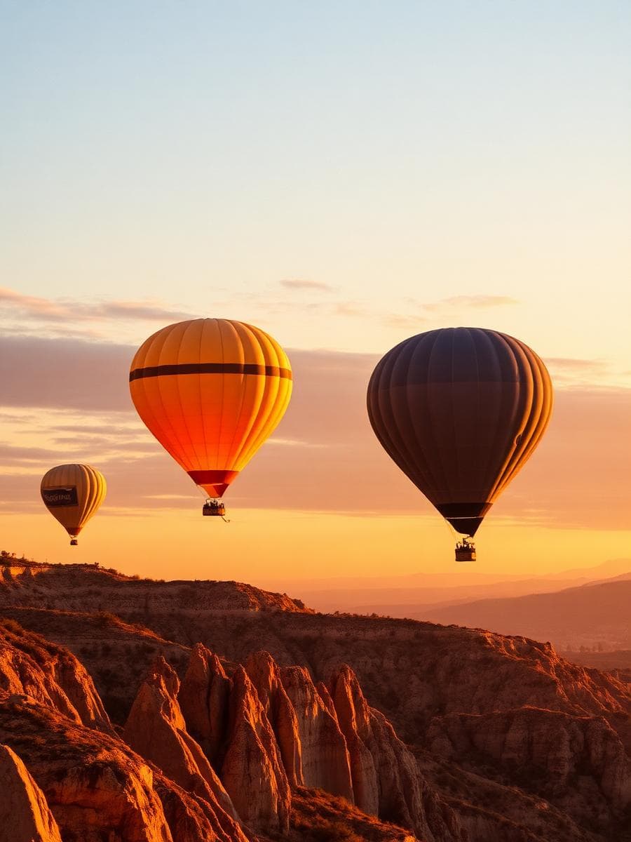 Hot air balloons rising over Cappadocia at sunrise
